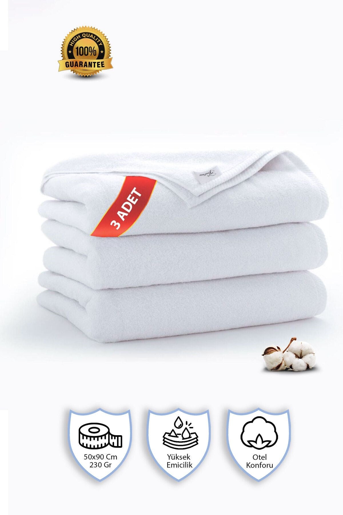3 Adet | Pamuklu, Beyaz El Havlusu | El, Yüz, Baş Havlusu | Spa ve Otel Havlusu (50x90 Cm)