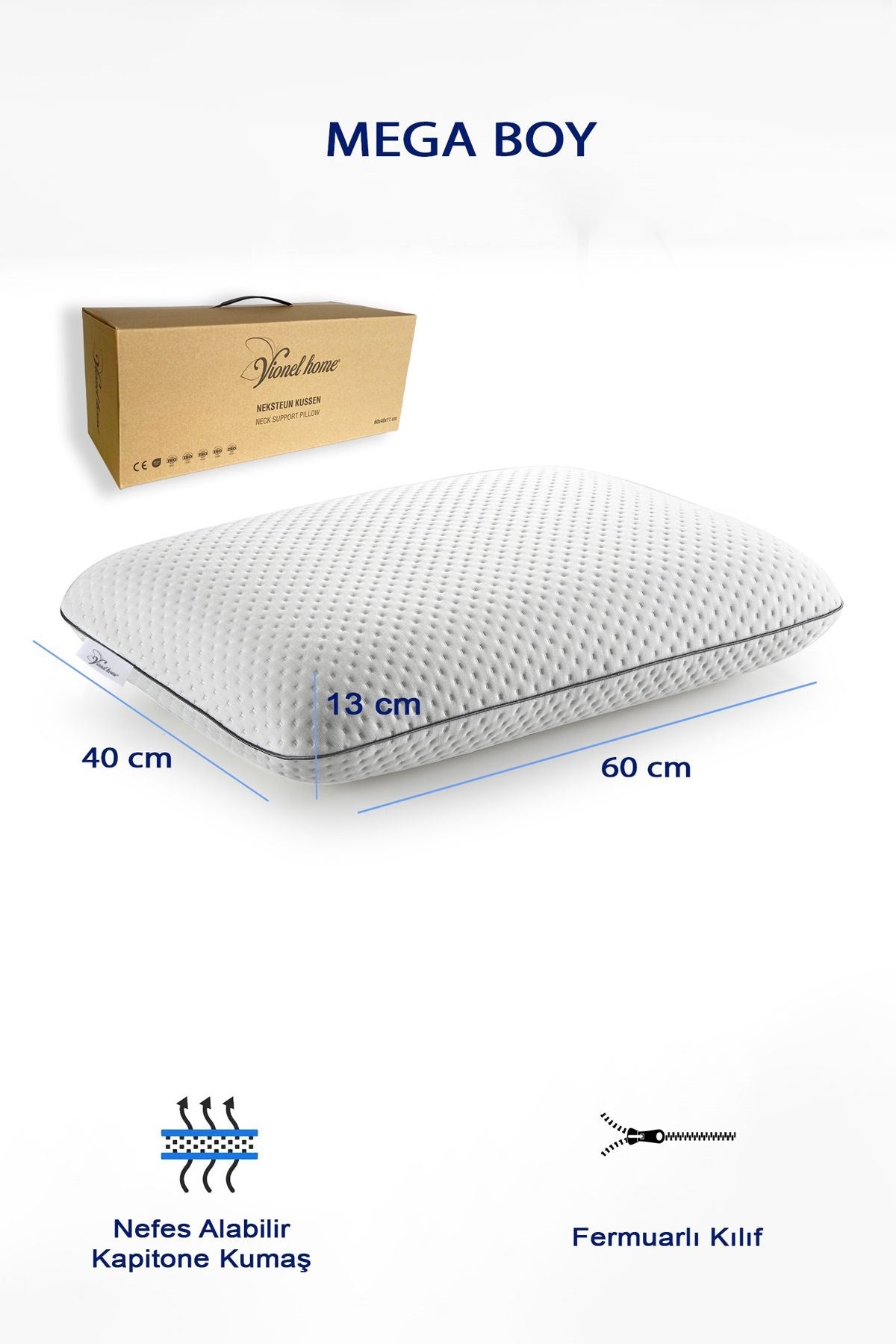 Ortopedik Klasik Visco Yastık, Gri Biyeli, 40x60x13 Lüks Visco Yastık