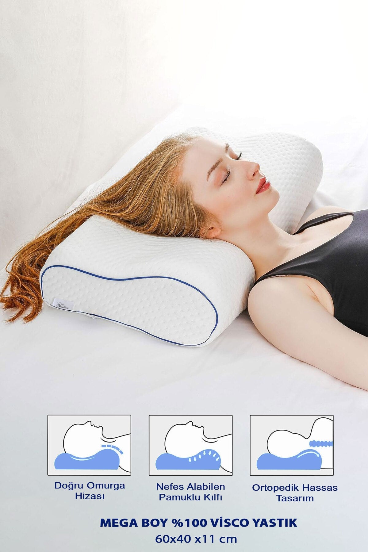Mega Boy Ortopedik Lüks Visco Yastık, Boyun Destekli, Boyun Rahatsızlıkları için 60X40 Visco Yastık