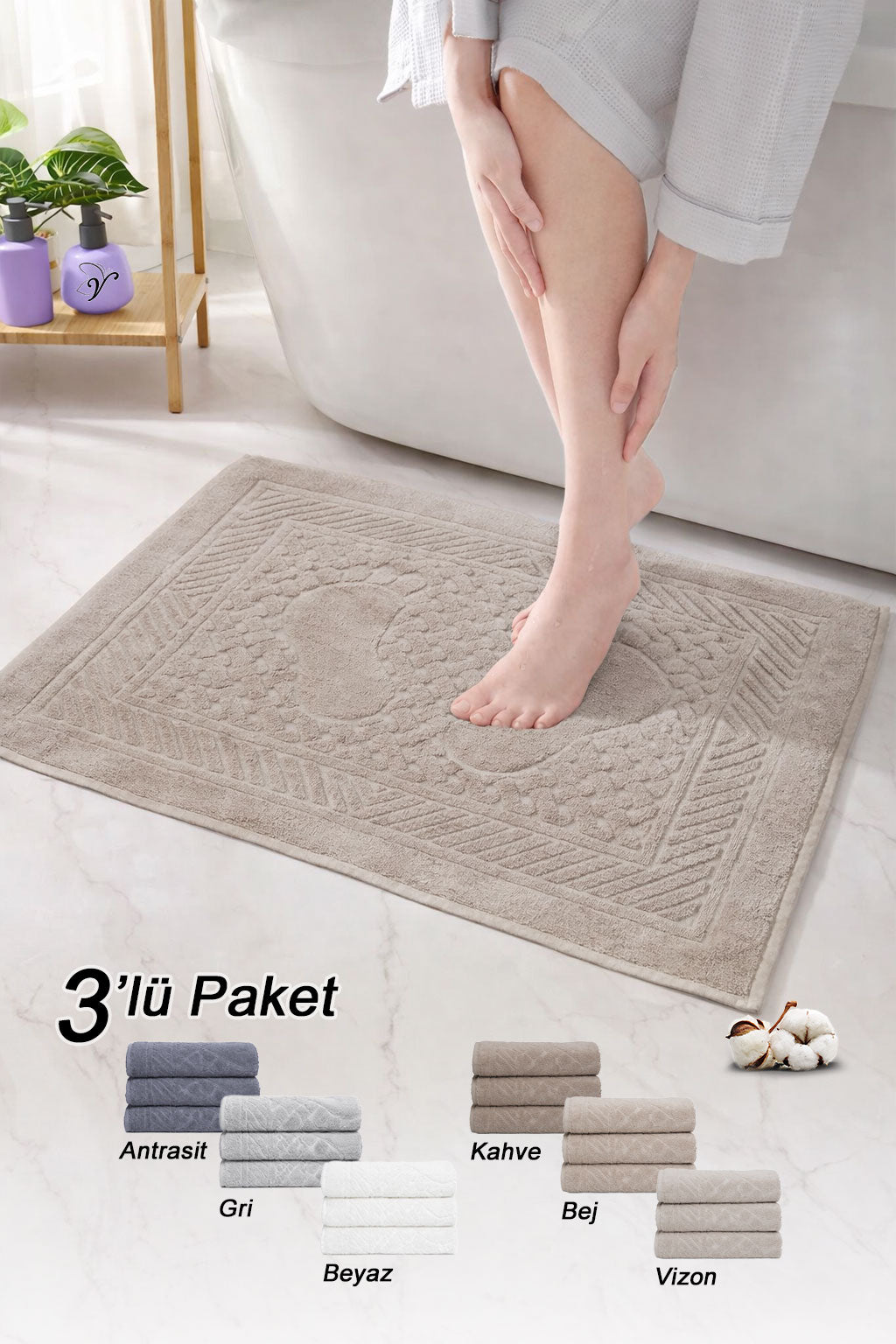 Pamuklu Ayak Havlusu | 3’lü Paket | Havlu Paspas Seti | Banyo Paspası | Ayak Havlusu | Otel Serisi | 50x70 cm