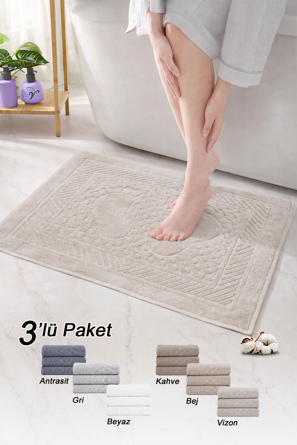 Pamuklu Ayak Havlusu | 3’lü Paket | Havlu Paspas Seti | Banyo Paspası | Ayak Havlusu | Otel Serisi | 50x70 cm