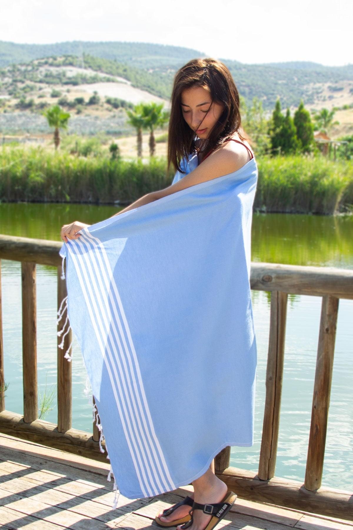 %100 Organik Pamuk, Mavi Neon Peştemal, Banyo ve Plaj Havlusu, 100x175cm