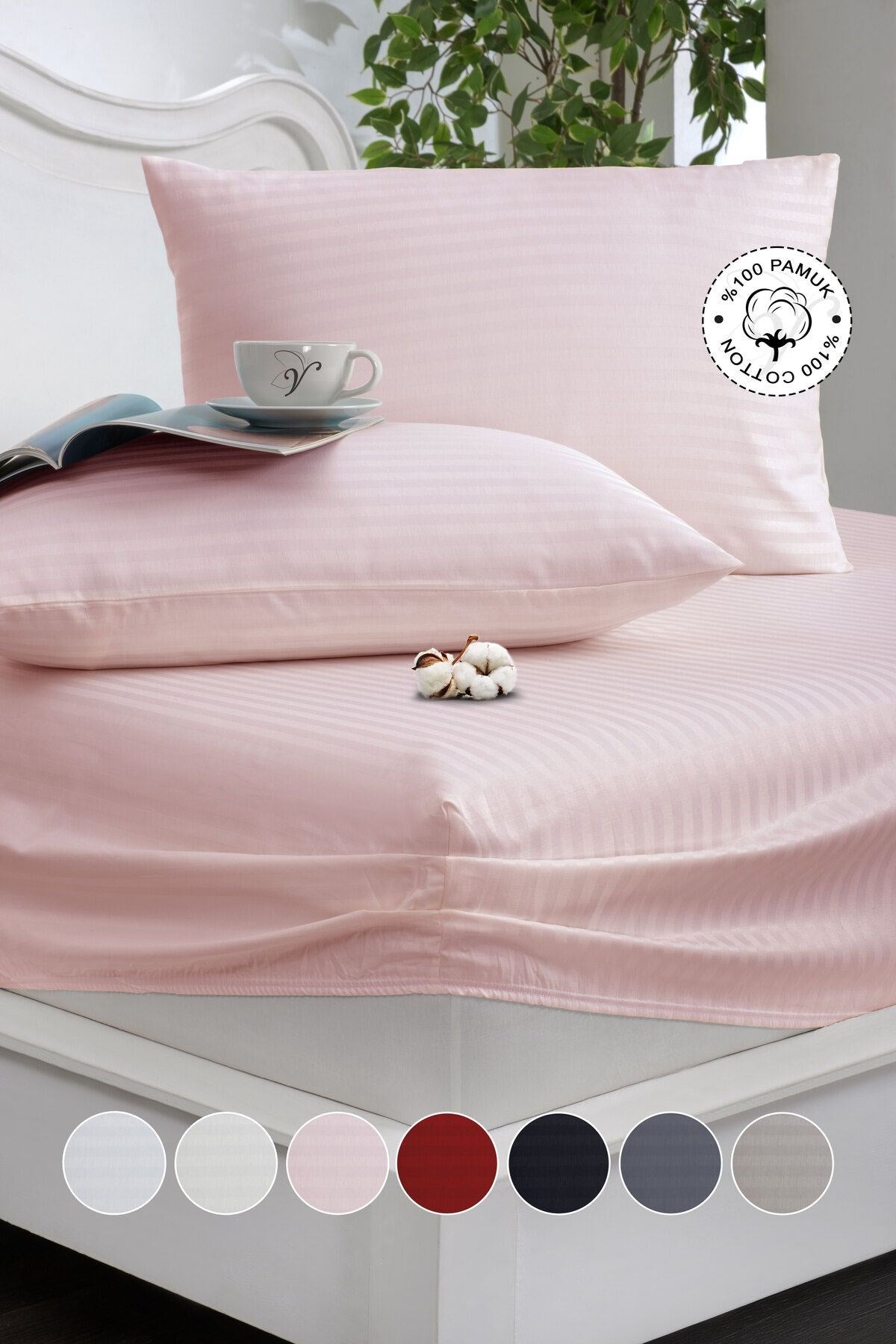%100 Pamuk Çizgili Saten Tek / Çift Kişilik Lastikli Çarşaf Seti |100x200|160x200|180X200