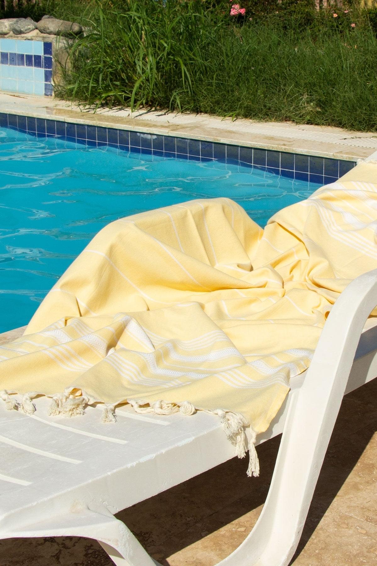 %100 Organik Pamuk, Sarı Çavuş Balıksırtı Desenli Peştemal, Banyo ve Plaj Havlusu, 100x175cm