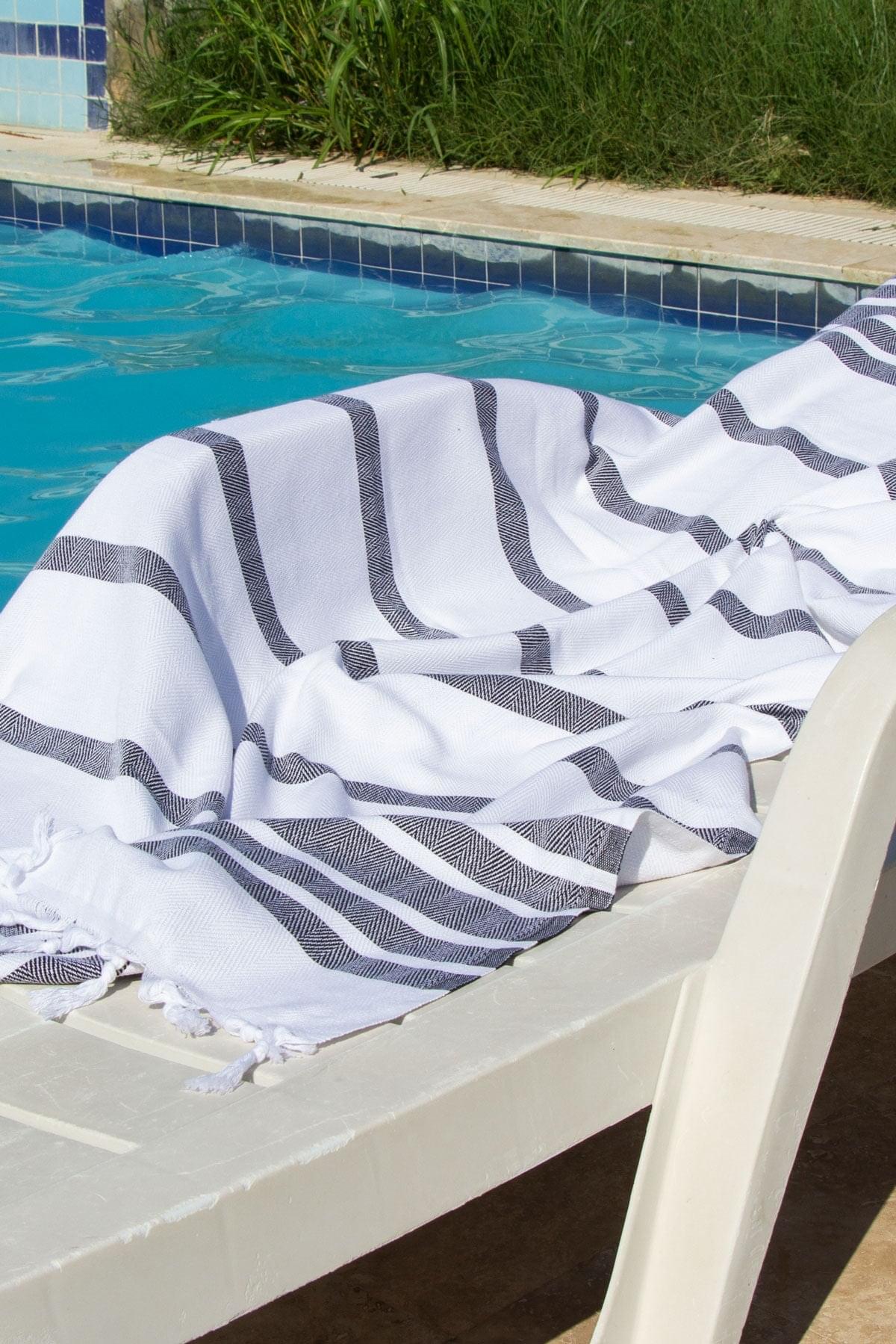 %100 Organik Pamuk,Siyah Balıksırtı Desenli Peştemal, Banyo ve Plaj Havlusu, 100x175cm