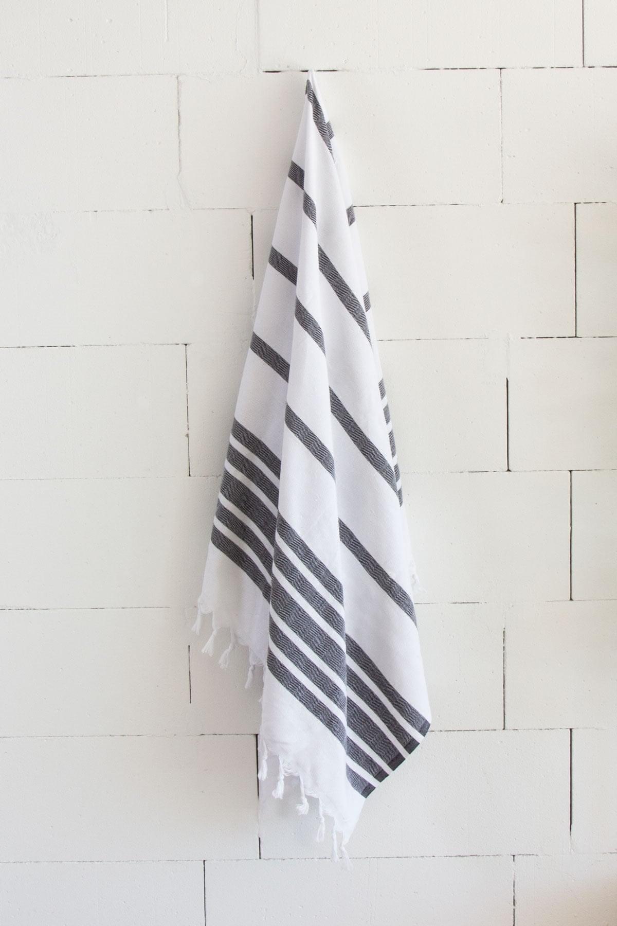 %100 Organik Pamuk,Siyah Balıksırtı Desenli Peştemal, Banyo ve Plaj Havlusu, 100x175cm