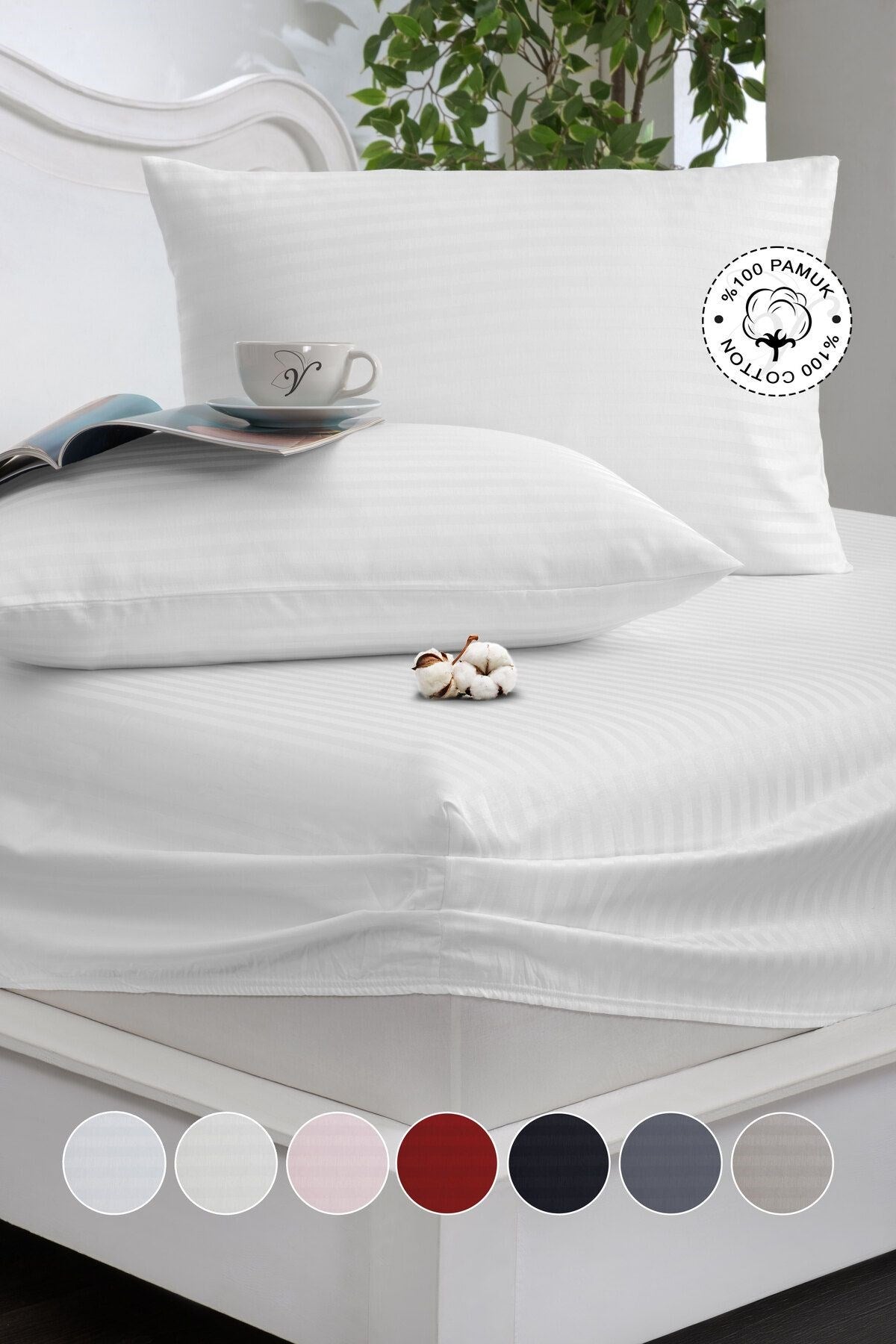 %100 Pamuk Çizgili Saten Tek / Çift Kişilik Lastikli Çarşaf Seti |100x200|160x200|180X200