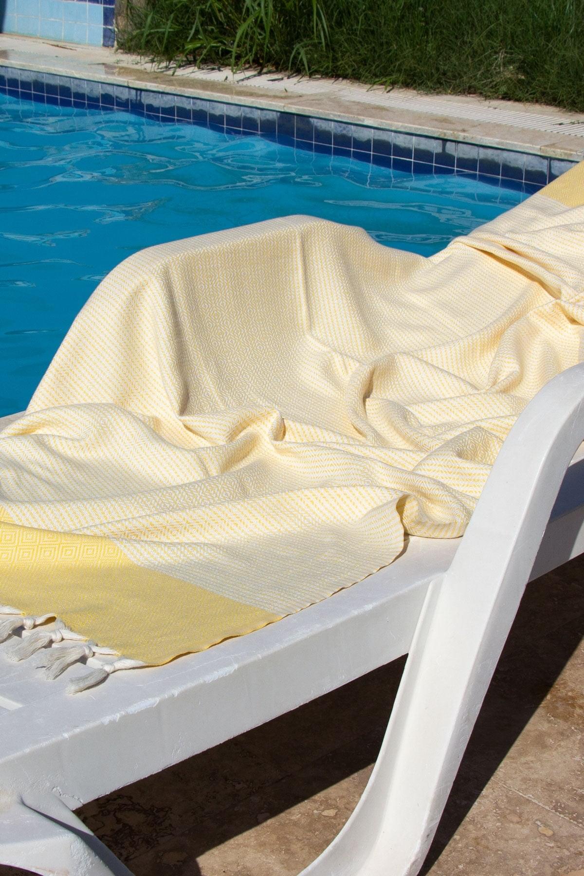 %100 Organik Pamuk, Sarı Satranç Desenli Peştemal, Banyo ve Plaj Havlusu, 100x175cm