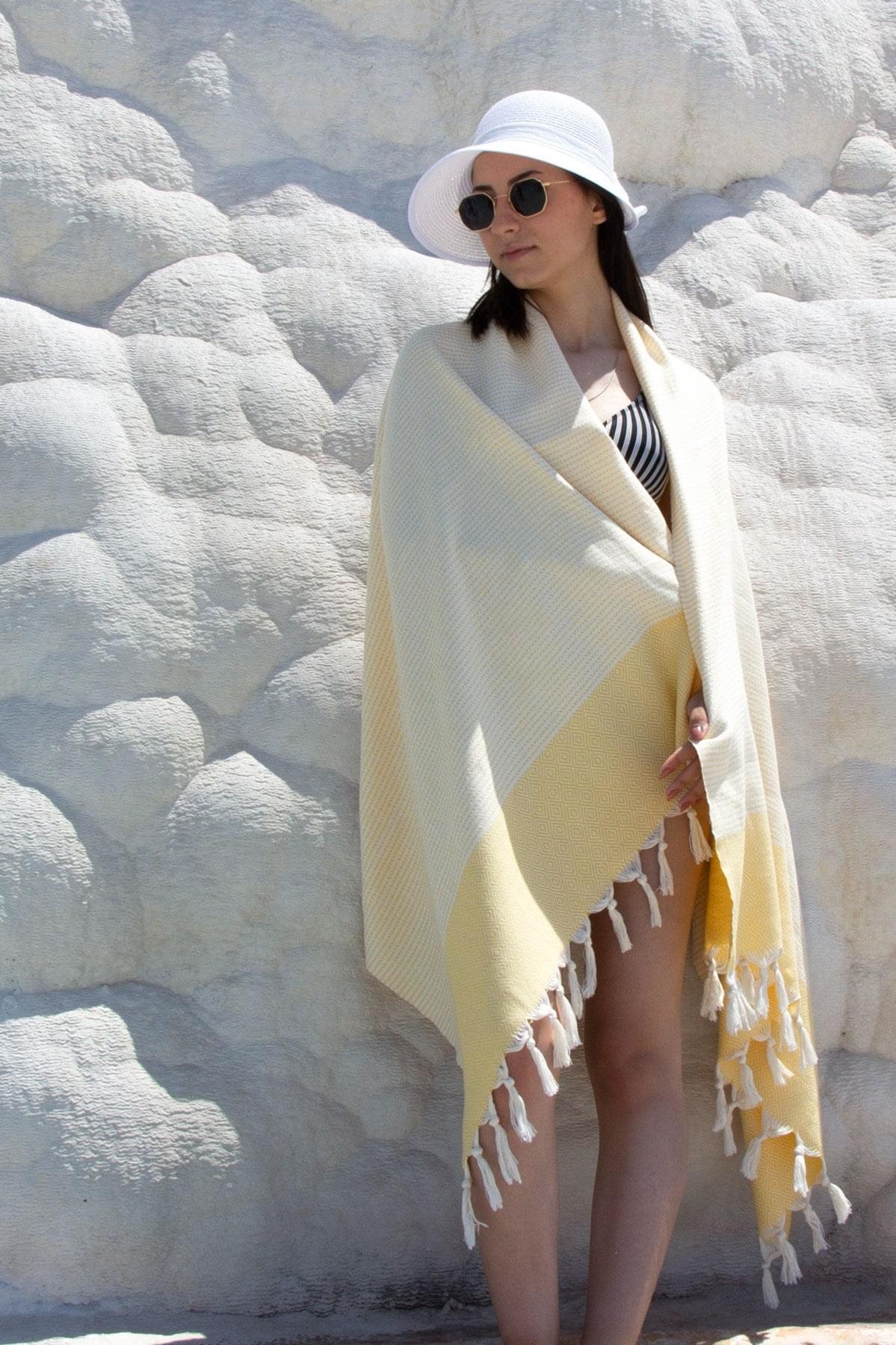 %100 Organik Pamuk, Sarı Satranç Desenli Peştemal, Banyo ve Plaj Havlusu, 100x175cm