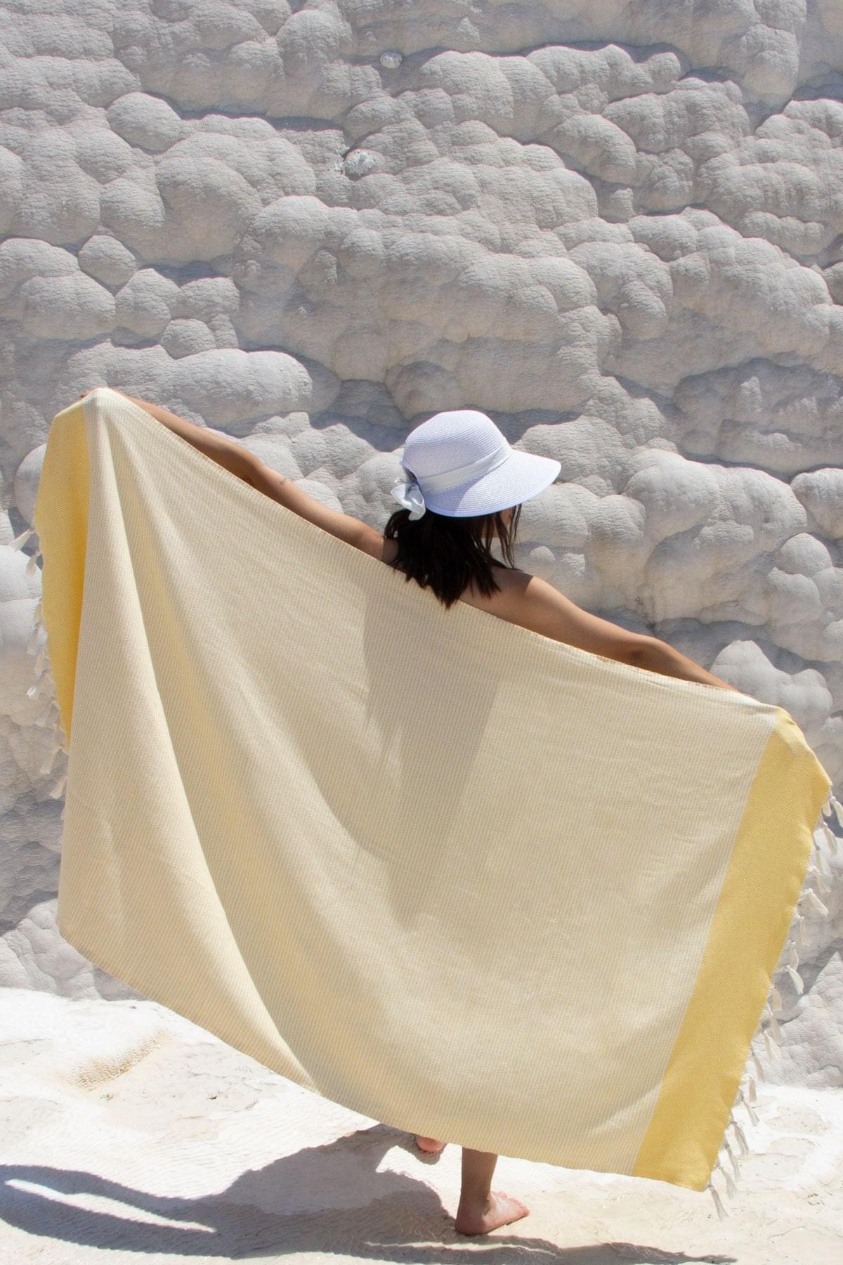 %100 Organik Pamuk, Sarı Satranç Desenli Peştemal, Banyo ve Plaj Havlusu, 100x175cm