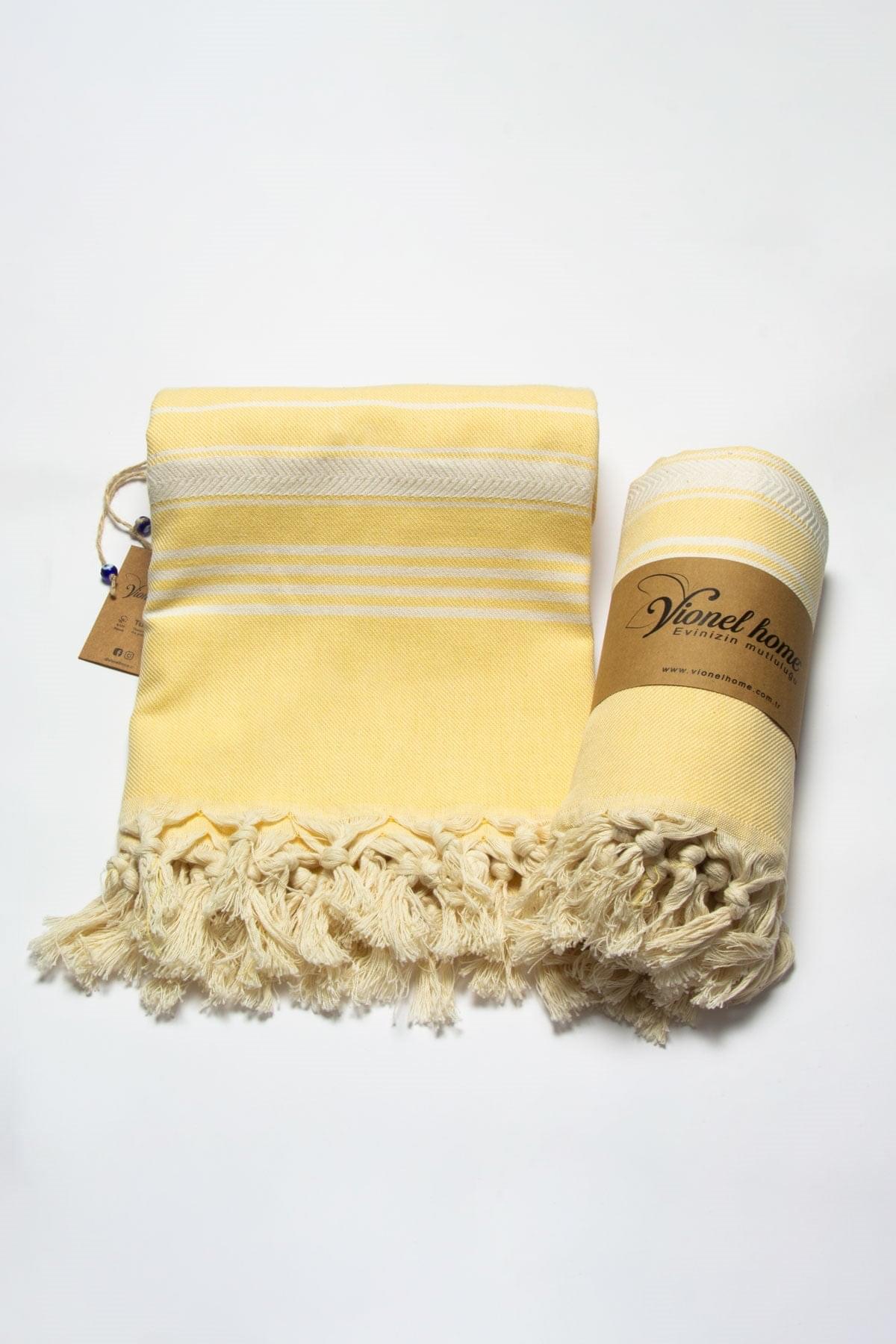 %100 Organik Pamuk, Sarı Çavuş Balıksırtı Desenli Peştemal, Banyo ve Plaj Havlusu, 100x175cm