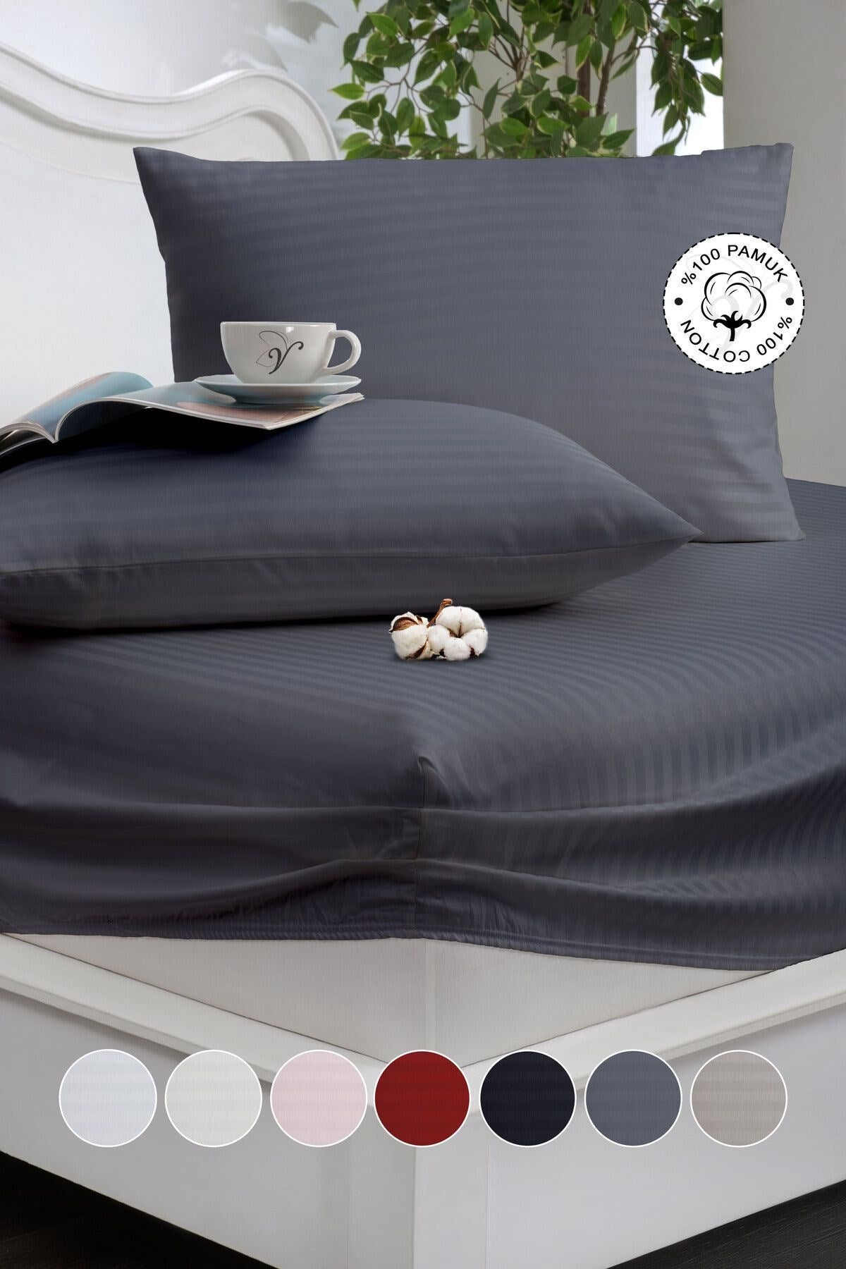 %100 Pamuk Çizgili Saten Tek / Çift Kişilik Lastikli Çarşaf Seti |100x200|160x200|180X200