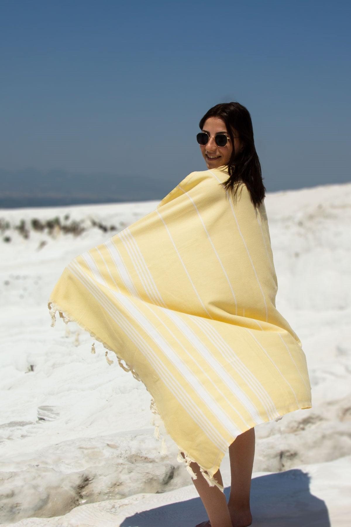 %100 Organik Pamuk, Sarı Çavuş Balıksırtı Desenli Peştemal, Banyo ve Plaj Havlusu, 100x175cm