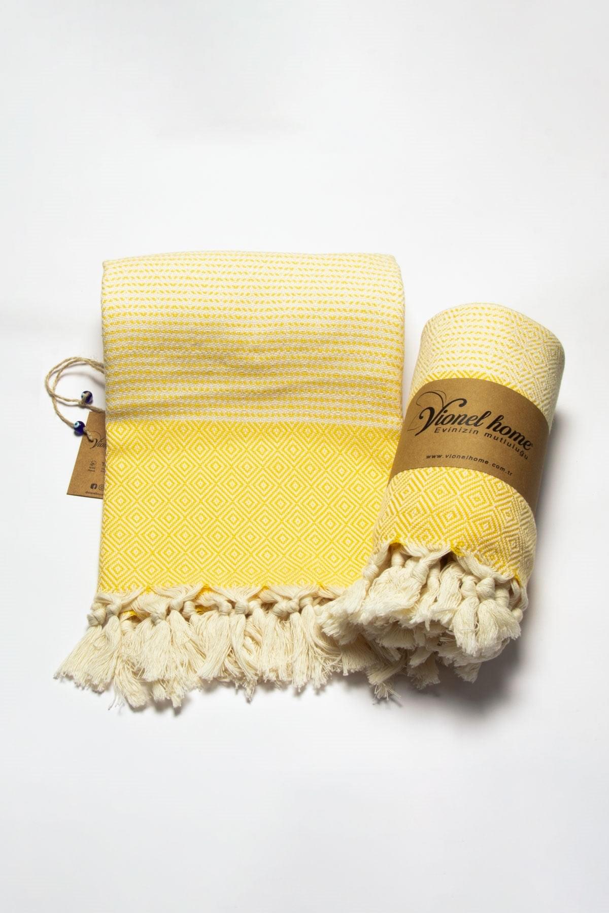 %100 Organik Pamuk, Sarı Satranç Desenli Peştemal, Banyo ve Plaj Havlusu, 100x175cm