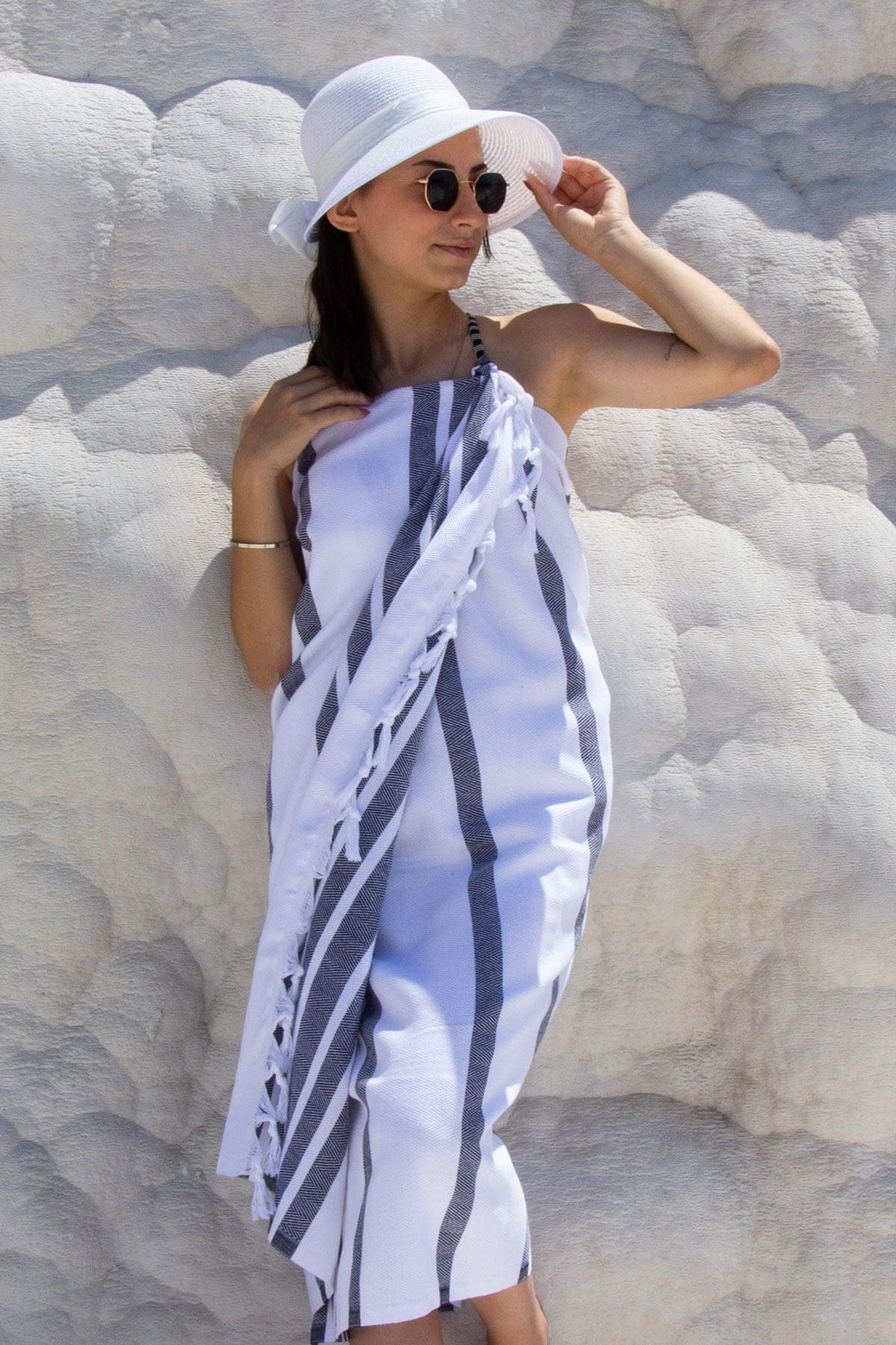 %100 Organik Pamuk,Siyah Balıksırtı Desenli Peştemal, Banyo ve Plaj Havlusu, 100x175cm