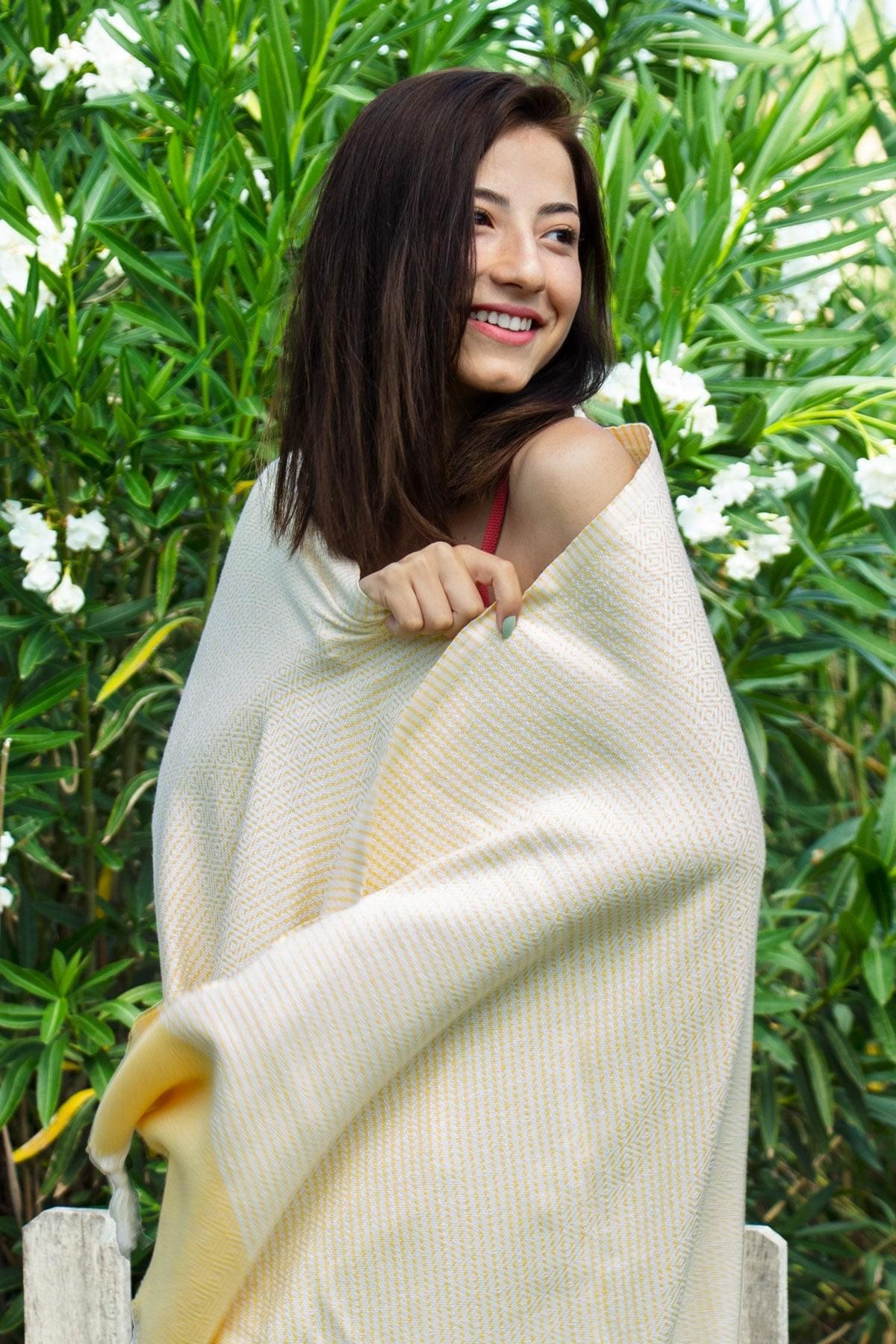 %100 Organik Pamuk, Sarı Satranç Desenli Peştemal, Banyo ve Plaj Havlusu, 100x175cm