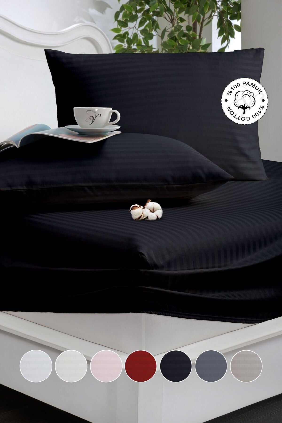 %100 Pamuk Çizgili Saten Tek / Çift Kişilik Lastikli Çarşaf Seti |100x200|160x200|180X200