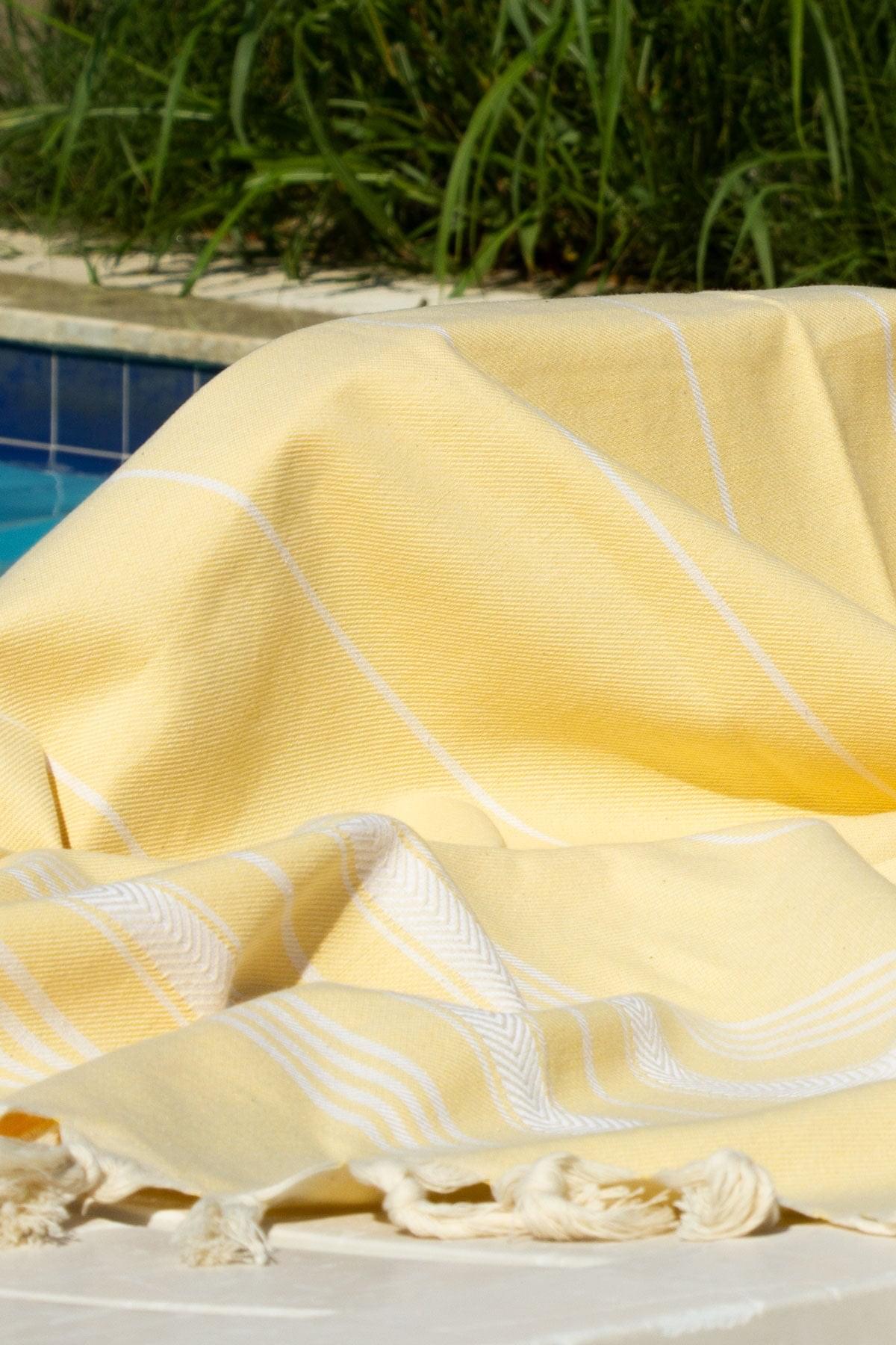 %100 Organik Pamuk, Sarı Çavuş Balıksırtı Desenli Peştemal, Banyo ve Plaj Havlusu, 100x175cm