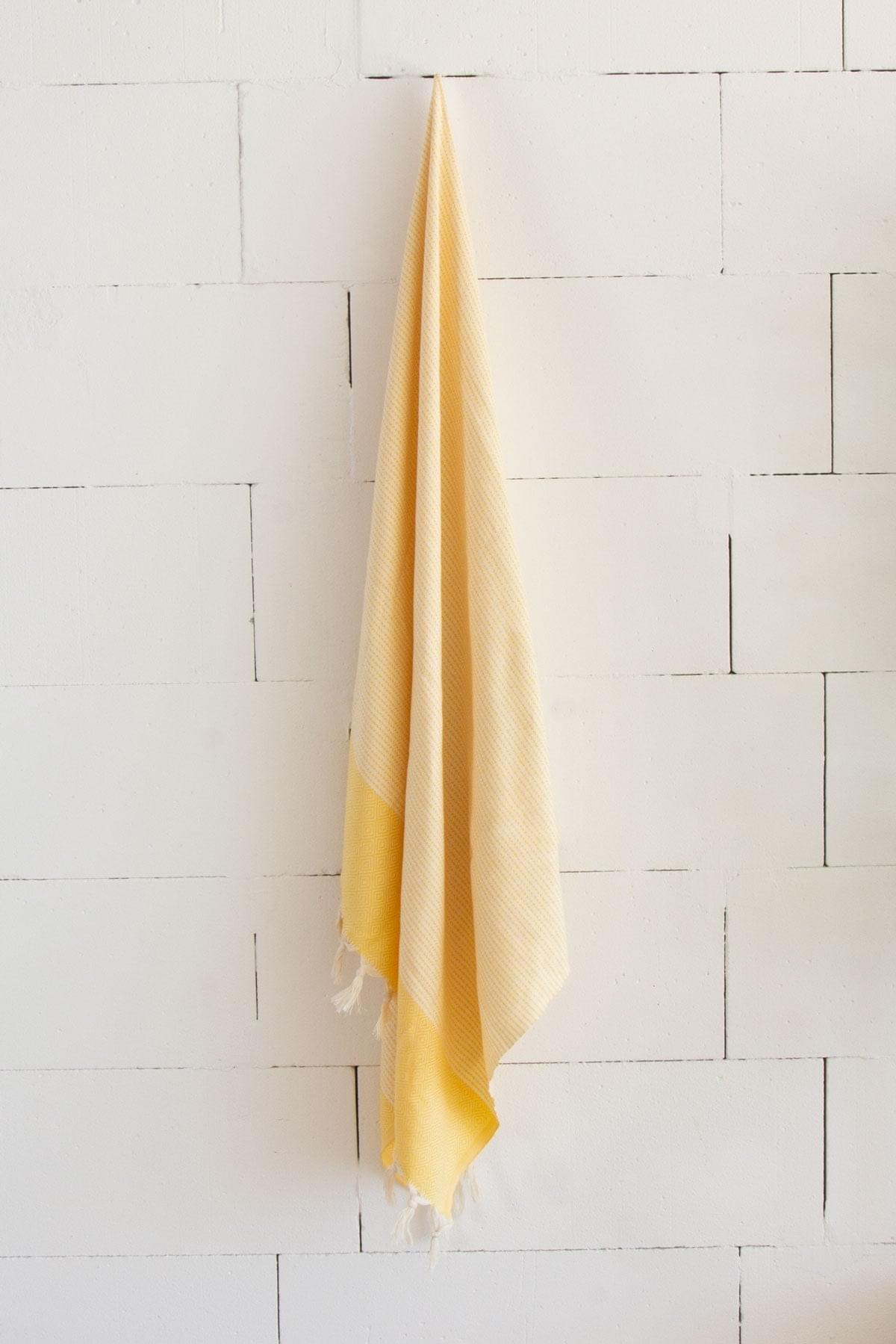 %100 Organik Pamuk, Sarı Satranç Desenli Peştemal, Banyo ve Plaj Havlusu, 100x175cm