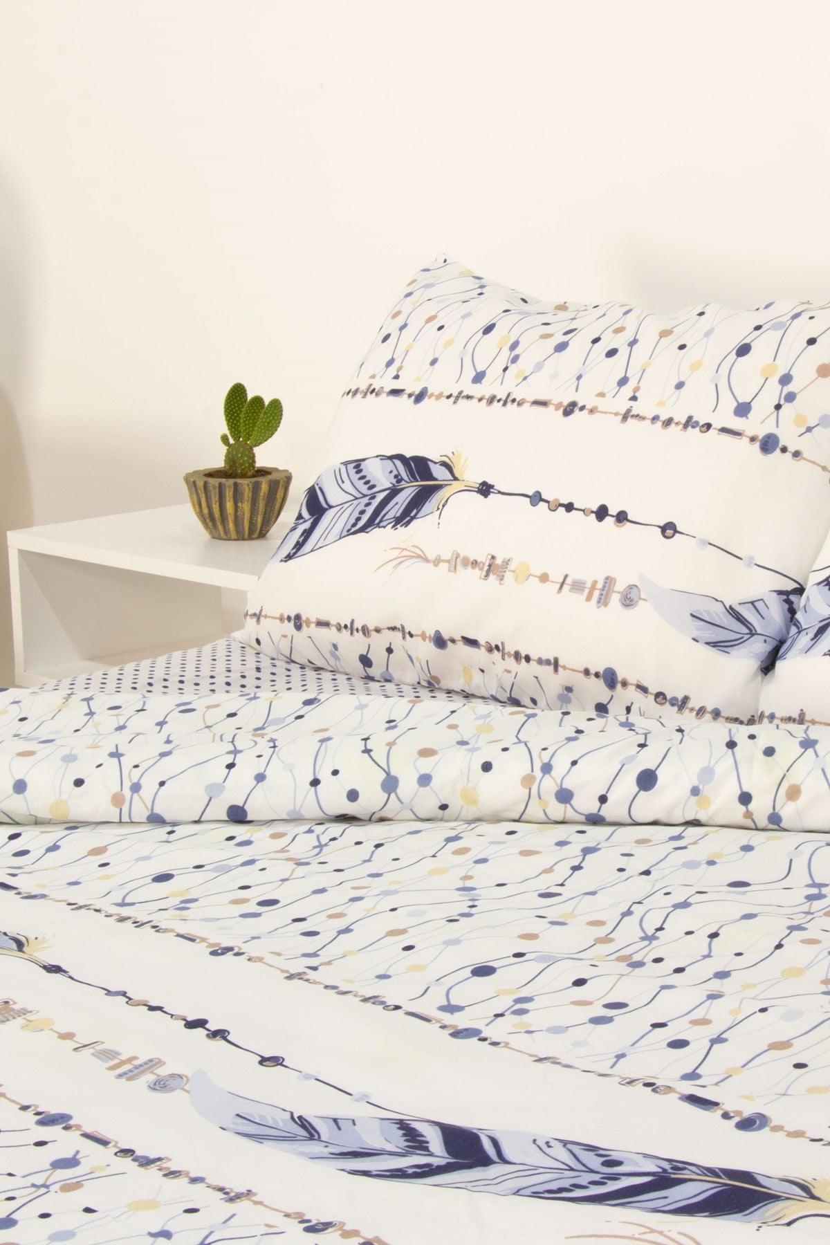 Çift Kişilik Mavi Tüy Desenli Nevresim Takımı