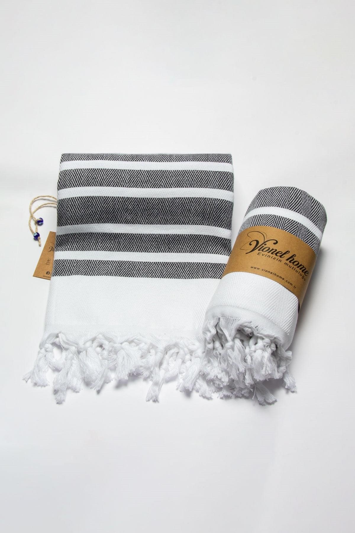 %100 Organik Pamuk,Siyah Balıksırtı Desenli Peştemal, Banyo ve Plaj Havlusu, 100x175cm