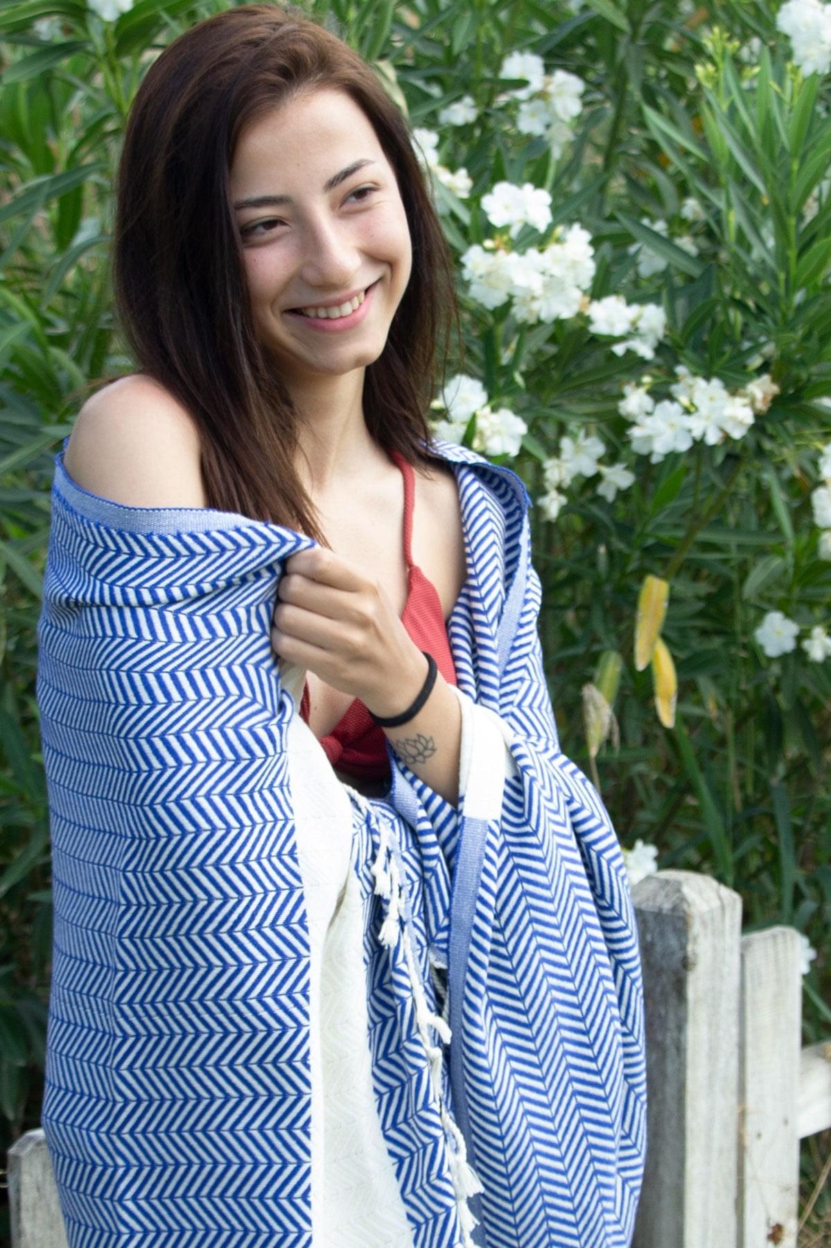 %100 Organik Pamuk, Mavi Zikzak Desen Peştemal, Banyo ve Plaj Havlusu, 100x175cm