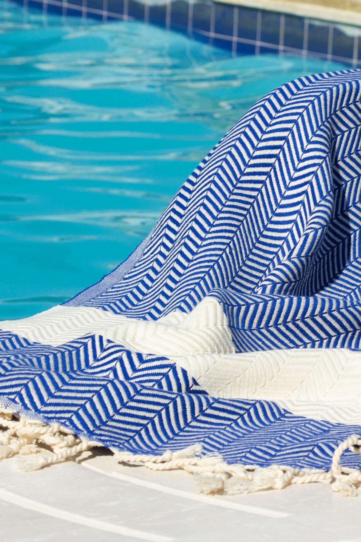 %100 Organik Pamuk, Mavi Zikzak Desen Peştemal, Banyo ve Plaj Havlusu, 100x175cm