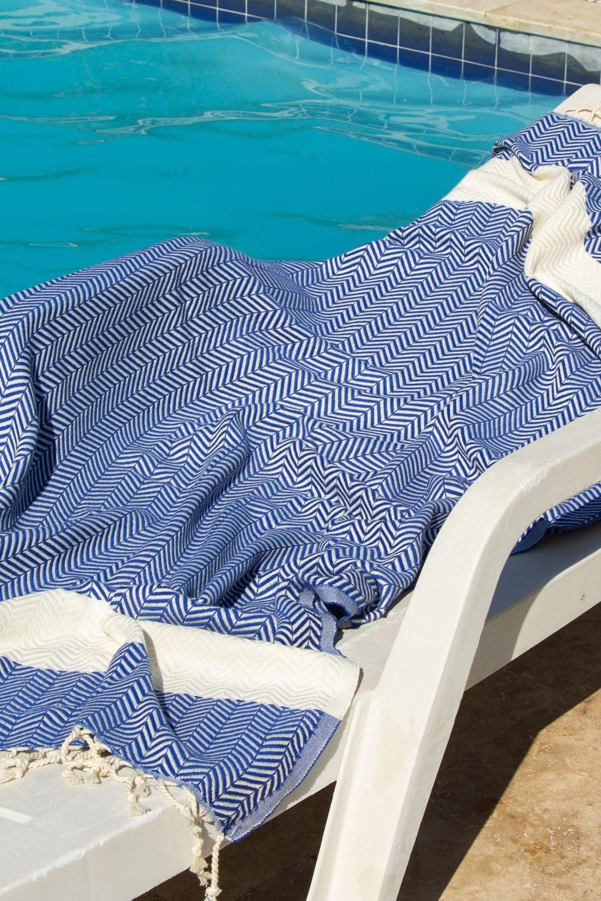 %100 Organik Pamuk, Mavi Zikzak Desen Peştemal, Banyo ve Plaj Havlusu, 100x175cm