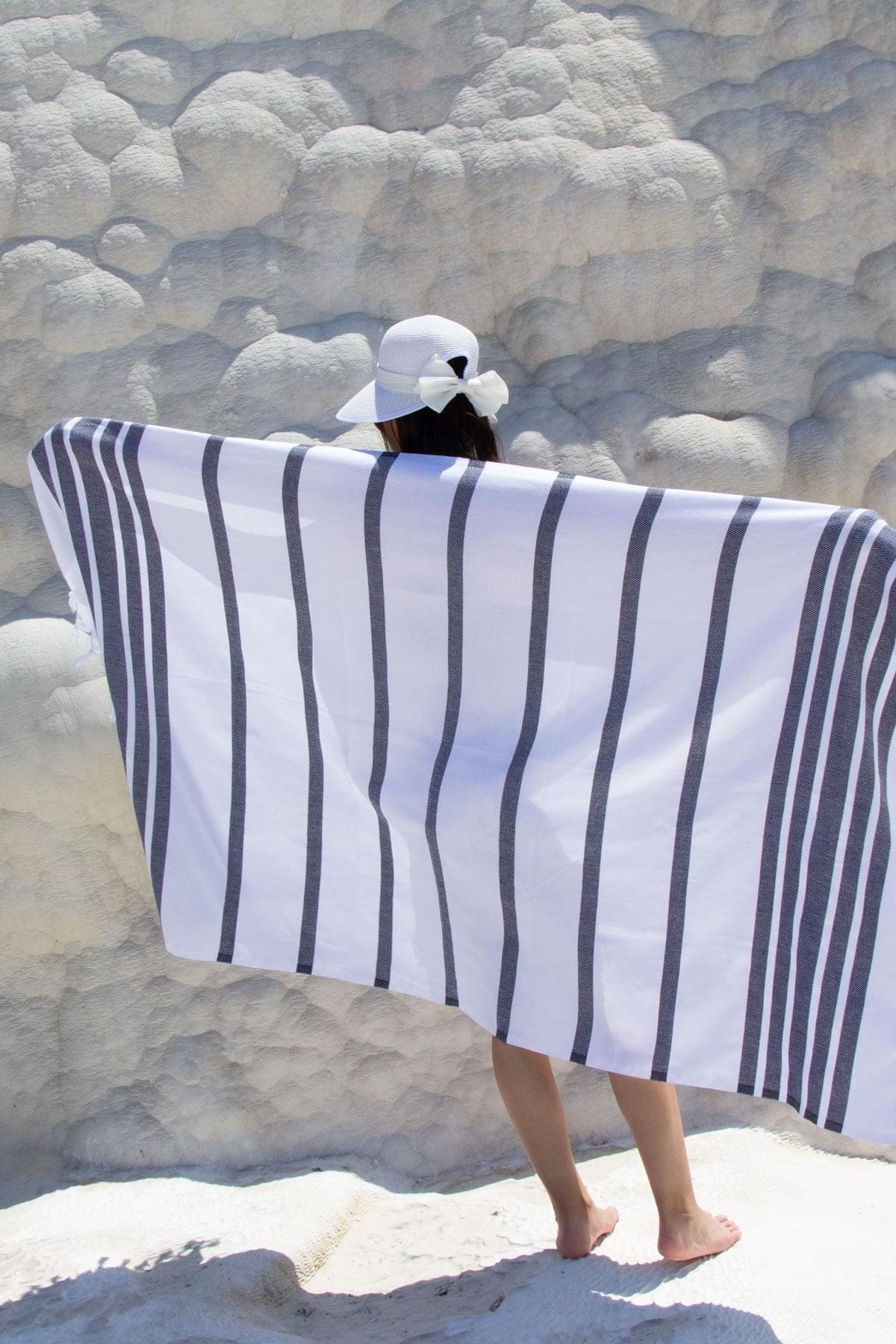 %100 Organik Pamuk,Siyah Balıksırtı Desenli Peştemal, Banyo ve Plaj Havlusu, 100x175cm