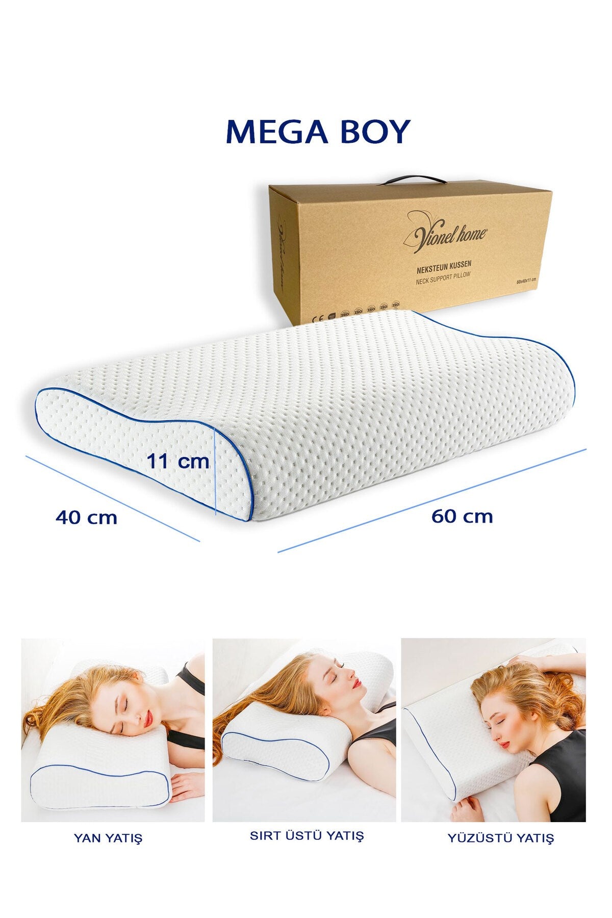 Mega Boy Ortopedik Lüks Visco Yastık, Boyun Destekli, Boyun Rahatsızlıkları için 60X40 Visco Yastık