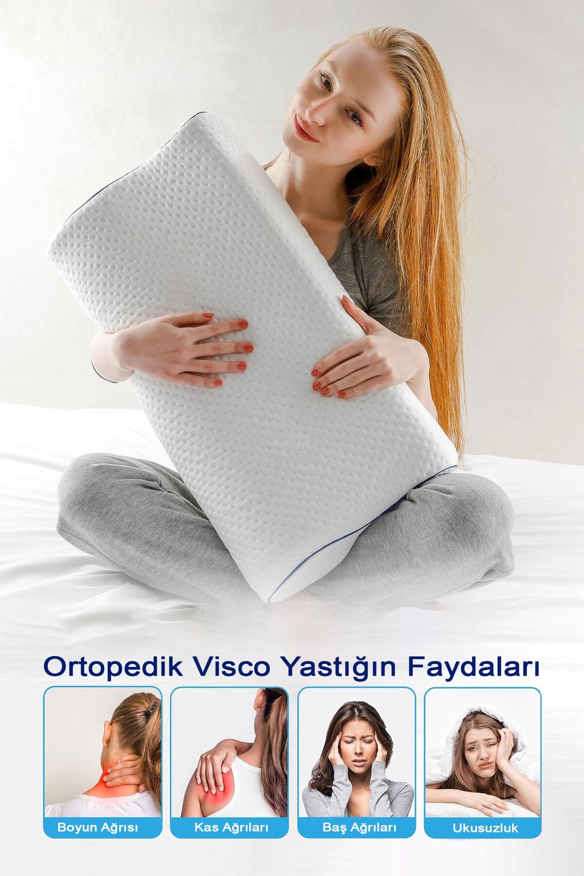 Mega Boy Ortopedik Lüks Visco Yastık, Boyun Destekli, Boyun Rahatsızlıkları için 60X40 Visco Yastık